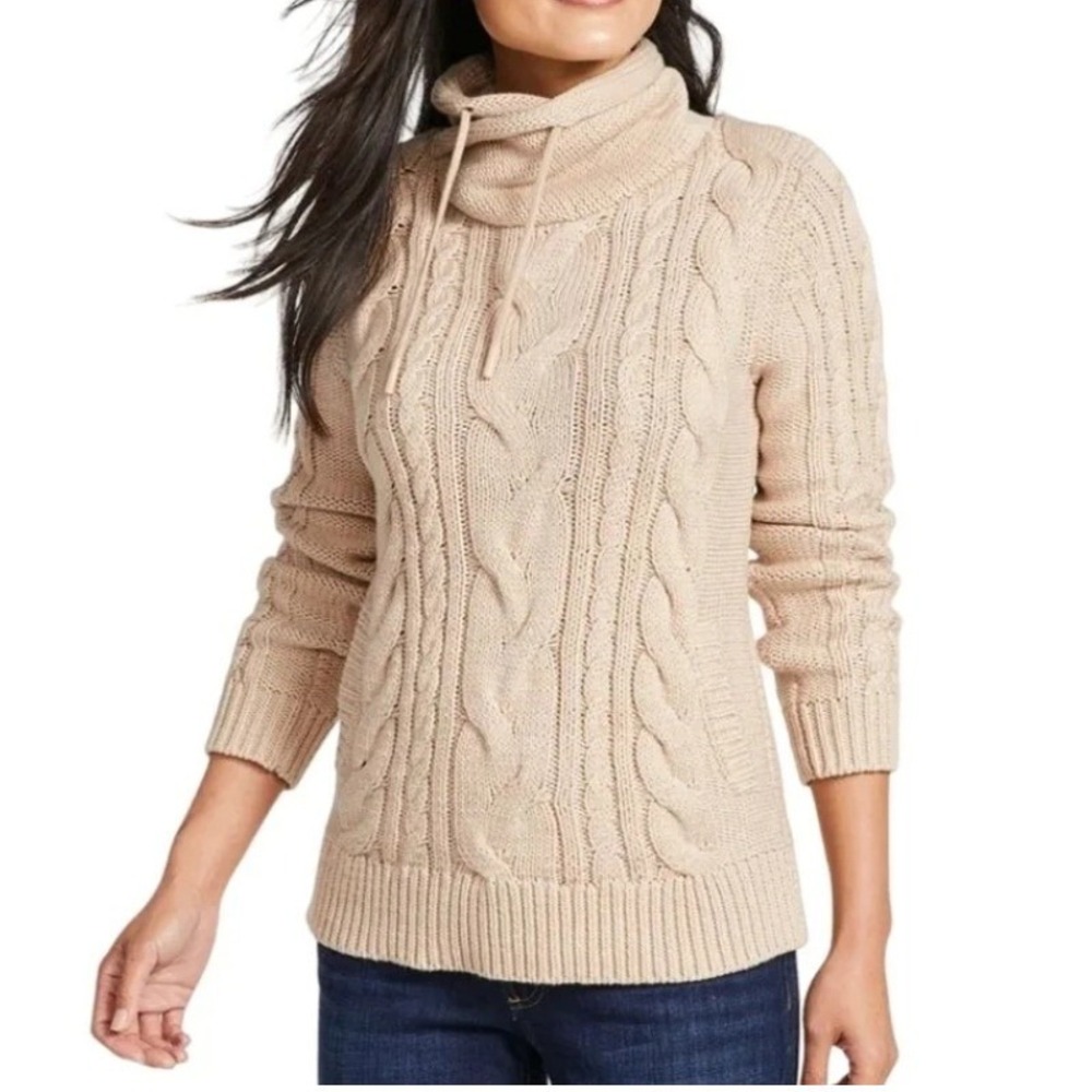 LL Bean Signature Women Funnel Neck Cable Knit Cotton Sweater Beige Small 302534